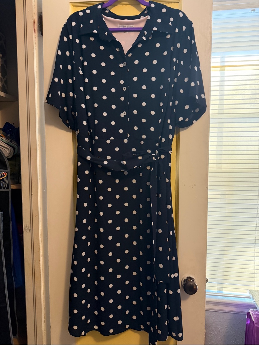 Sandra Darren Navy Polka Dot Blouse with Cream Lining